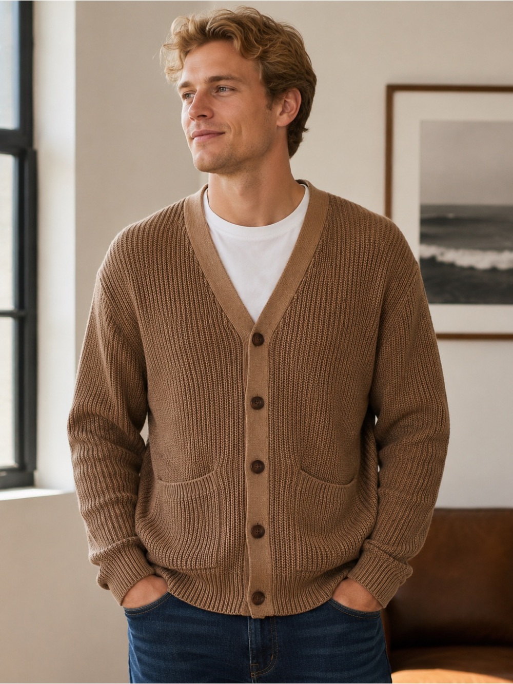 Old Navy Men’s Cotton Waffle Knit Cardigan Sweater Academia Preppy -Size Large
